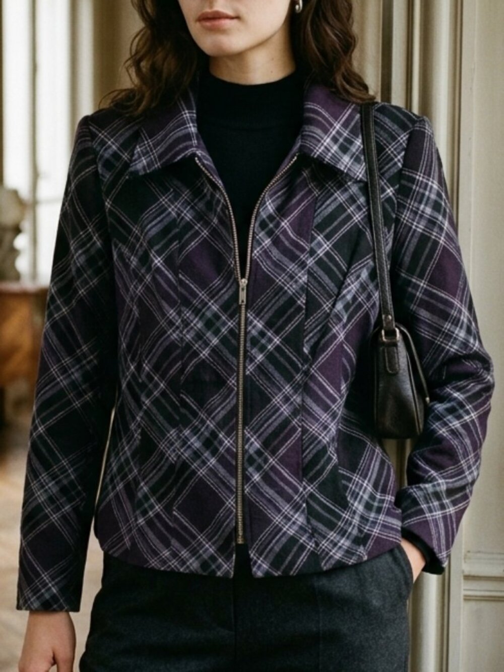 Laura Scott Medium Plaid Zip Front Blazer Black Purple Gray Blue